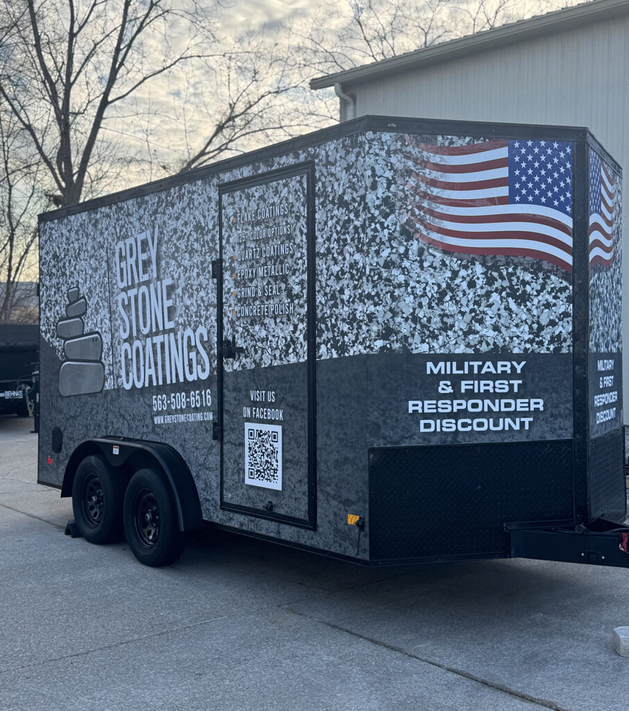 Trailer promoting military and first responder discount callout with American flag and floor coating pattern.