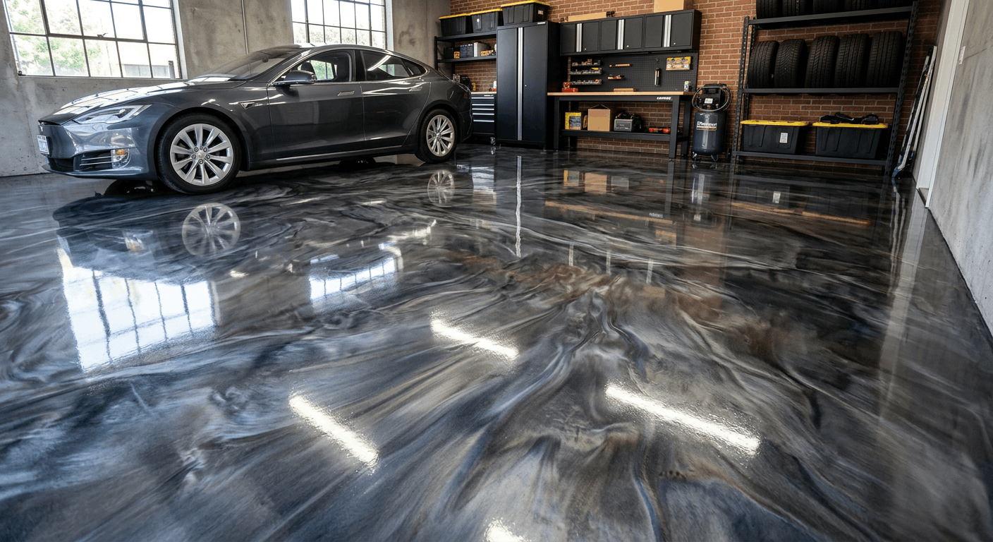 Metallic Epoxy Finish in a garage with car in the background
